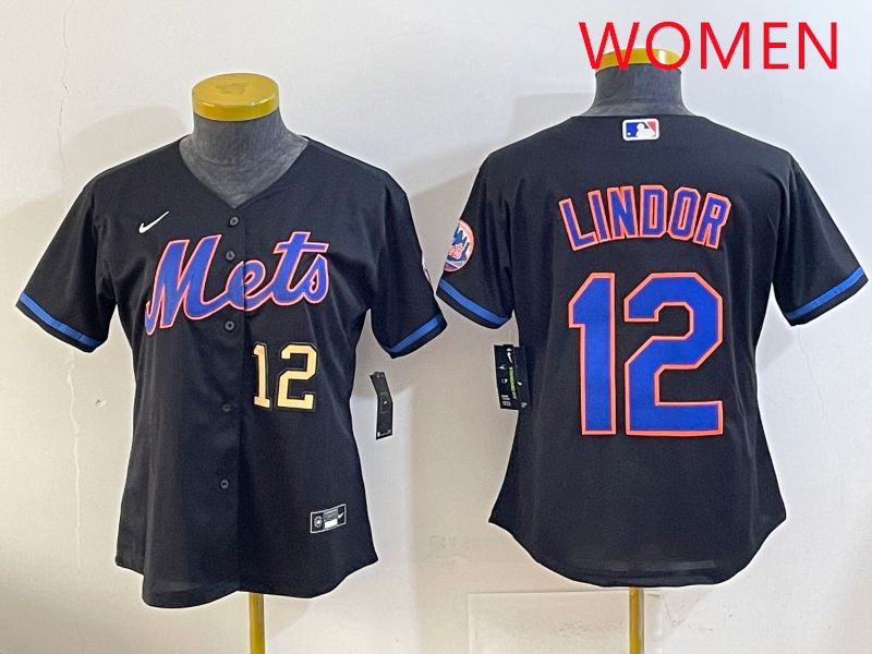 Women 2025 New York Mets 12 Lindor Black Game Nike MLB Jersey style 7